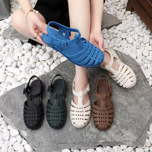 Roman Style Flat Bottom Casual Women's Sandals Summer Outdoor Wear Pure Color Slip-On Hollow out Buckle Anti-Slip Ladies Slipper